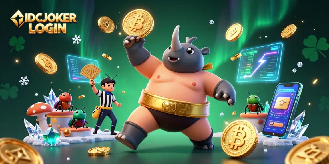 Engage in exciting gameplay with IDCJOKER LOGIN, featuring a lively casino scene filled with vibrant characters and gold coins.