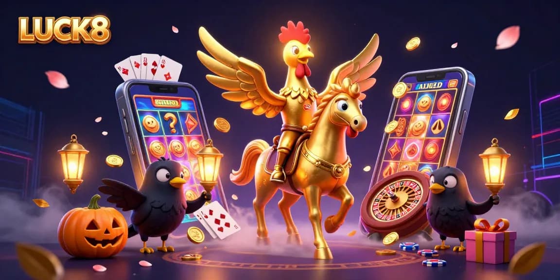 Engage in the thrilling world of LUCK8 with vibrant casino scenes showcasing exciting games and characters.