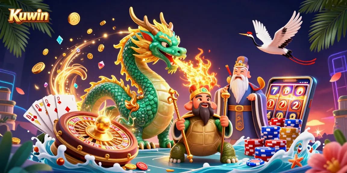Engage in thrilling slots action at Kuwin with a jade dragon and golden coins.