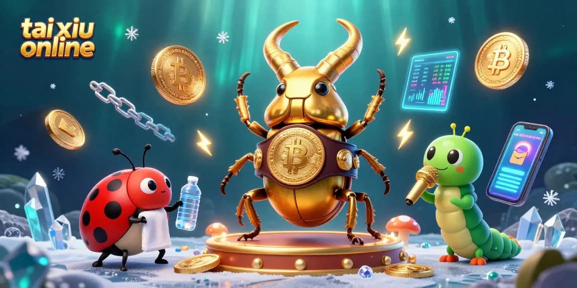 Engaging tai xiu online scene with a boxing beetle, ladybug assistant, and caterpillar announcer amidst dynamic digital coins.
