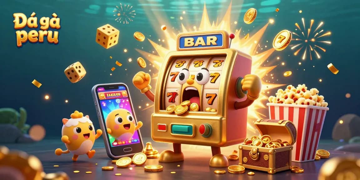 Experience the excitement of Đá gà peru with an animated jackpot scene featuring slot machines and celebratory elements.