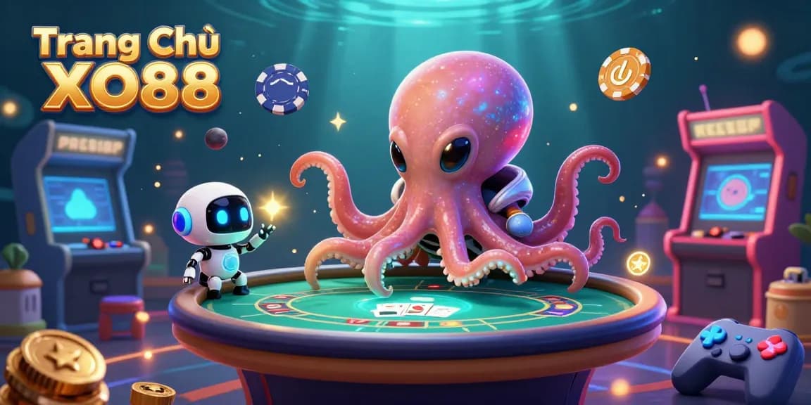 Experience the excitement of gambling at Trang Chủ XO88 with an alien octopus and holographic gaming elements.