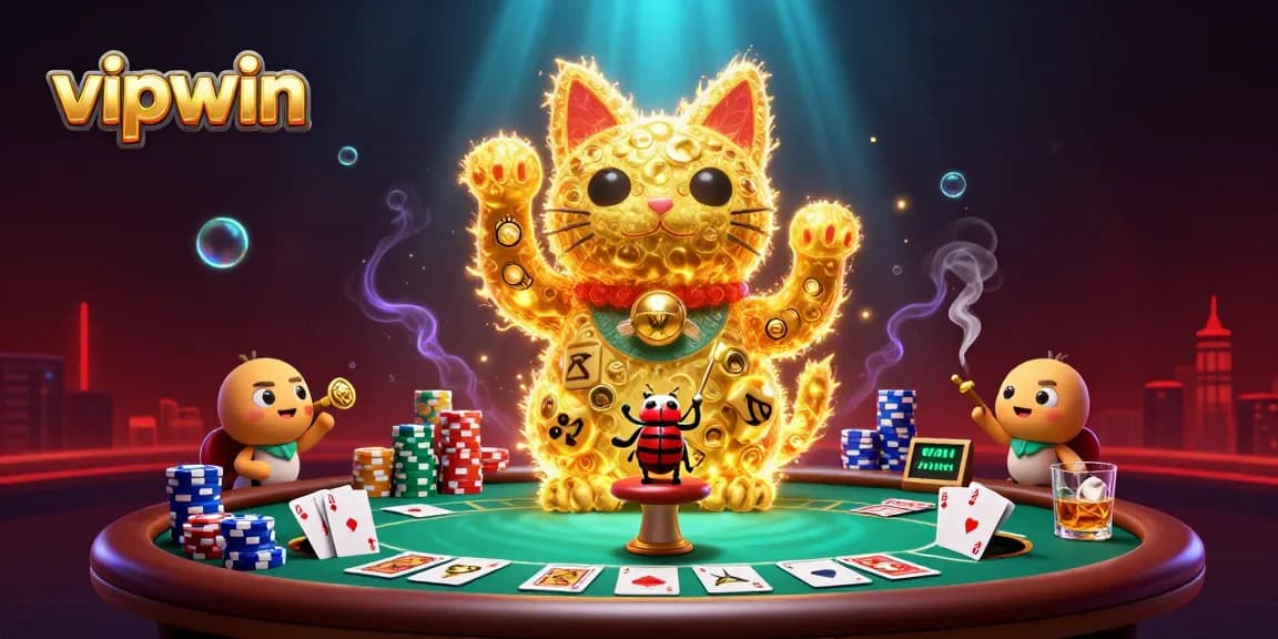 Experience the excitement of vipwin with a vibrant digital scene featuring a lucky cat and poker elements.