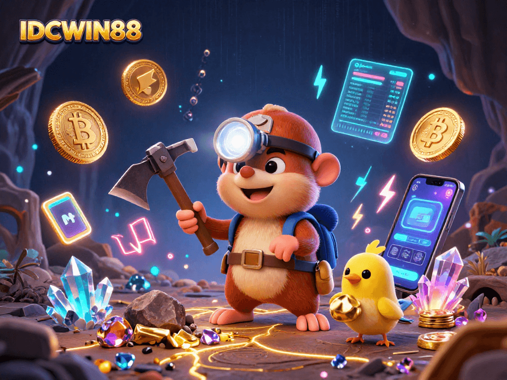 Experience thrilling slot adventures with IDCWIN88 as a mole hunts for treasures in a vibrant cave.