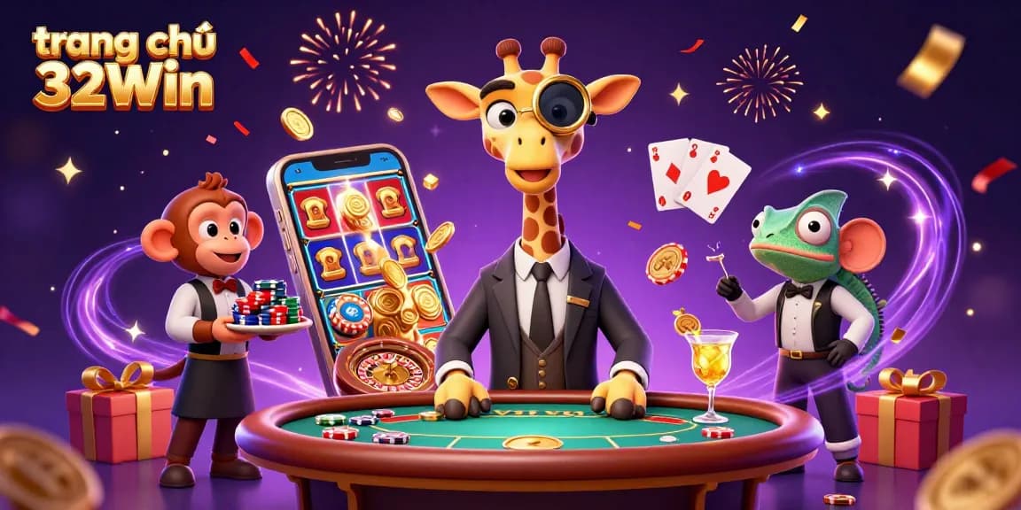 Experience the excitement at trang chủ 32Win with casino games, festive decorations, and vibrant characters.