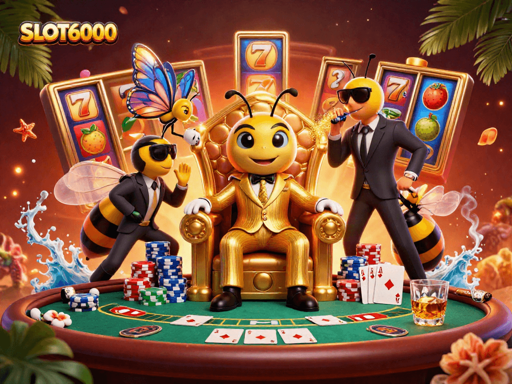 Experience SLOT6000 as the bumblebee mob boss reigns in a vibrant casino scene surrounded by dynamic slot elements.