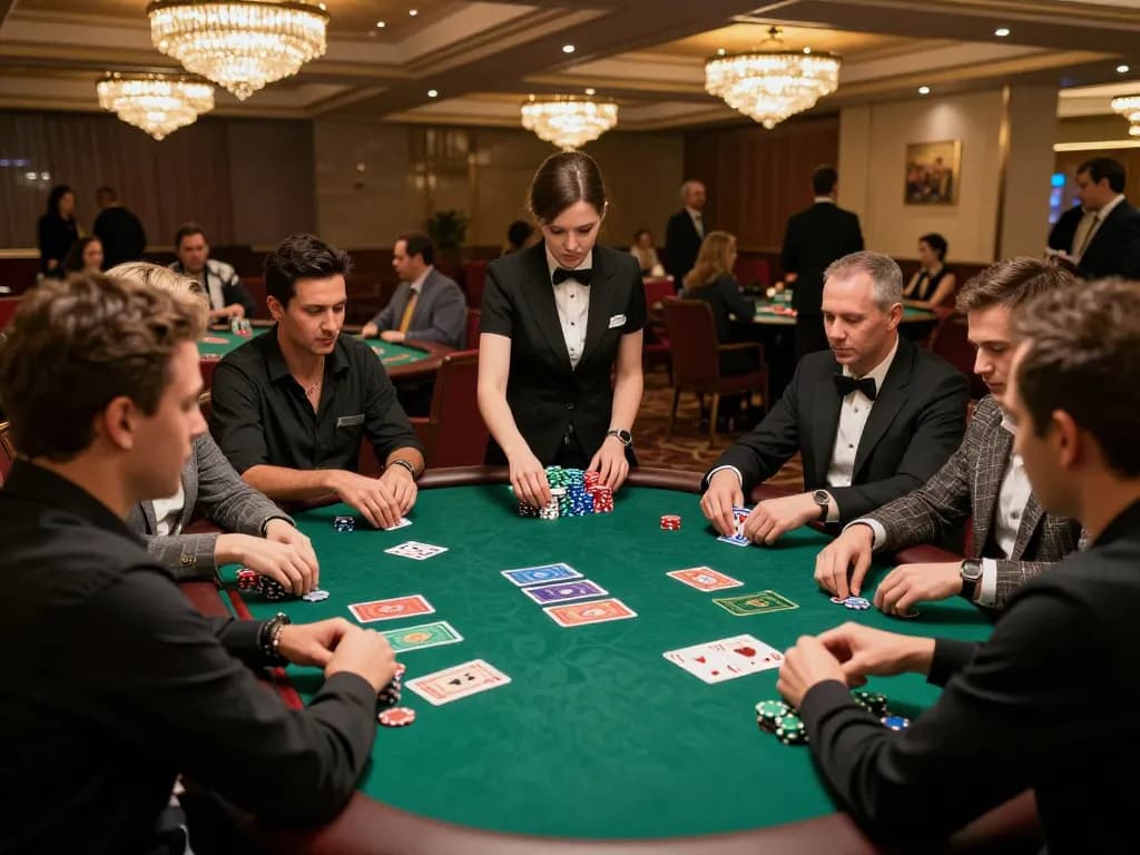 Players strategizing during a thrilling poker game doi thuong at a casino table.