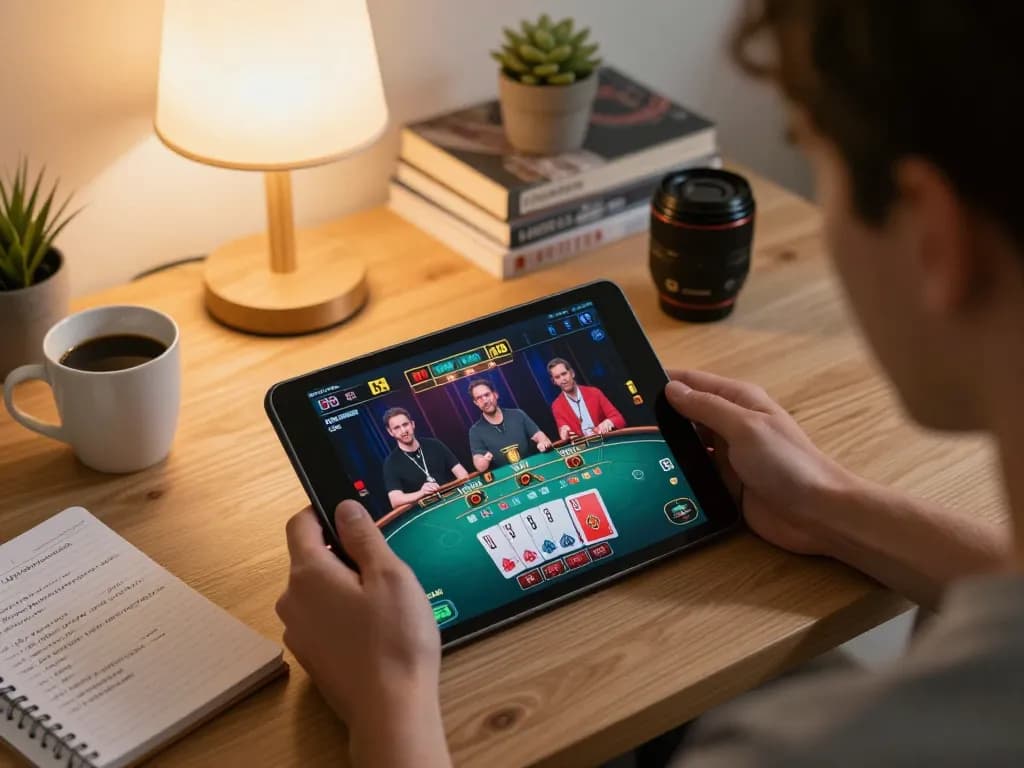 vin88 nhà cái uy tín showcased in a cozy home setup with a tablet displaying a live casino game.