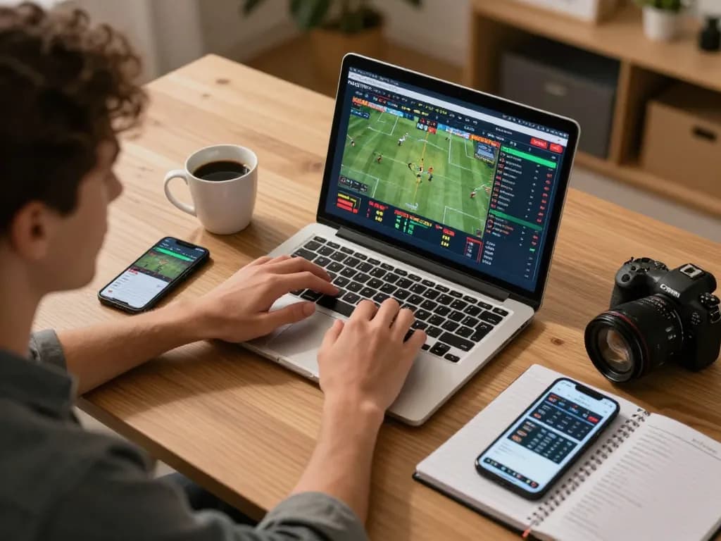 KP88 user engaging in real-time sports betting on a laptop at home.