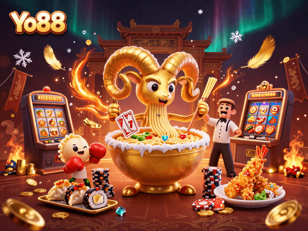 Yo88 features a giant ramen bowl dealing cards in a packed casino, highlighting vibrant game elements.