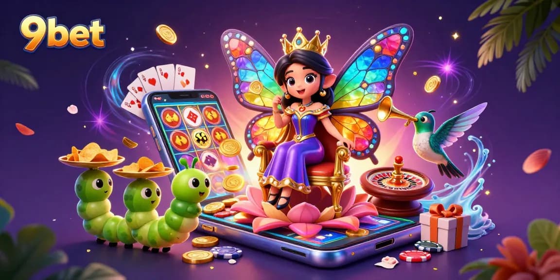 Engage with 9bet's vibrant 3D illustration featuring a butterfly queen and gambling elements.
