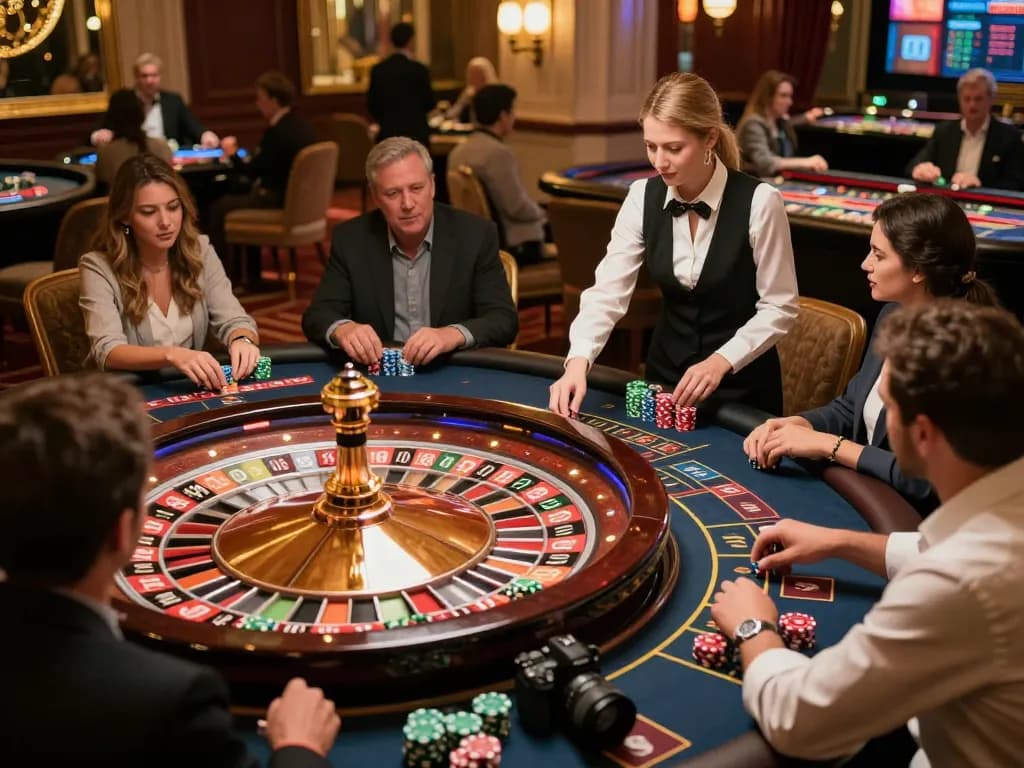Players engaging in an exciting roulette game at MB66 casino, showcasing bets and stylish decor.