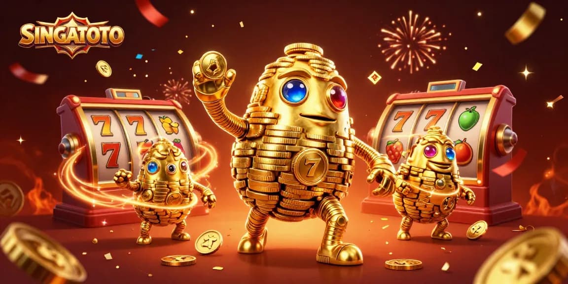 SINGATOTO memicu kemenangan dalam permainan slot dengan karakter berkilau dan elemen keberuntungan yang menari.