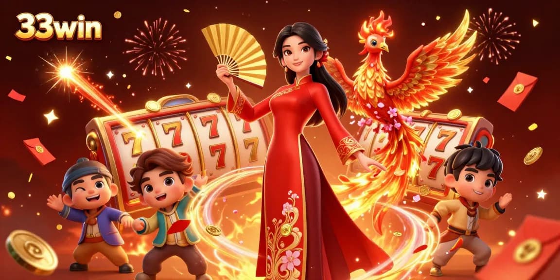 Win big at 33win with beautiful illustrations of slots, luck, and vibrant casino elements.