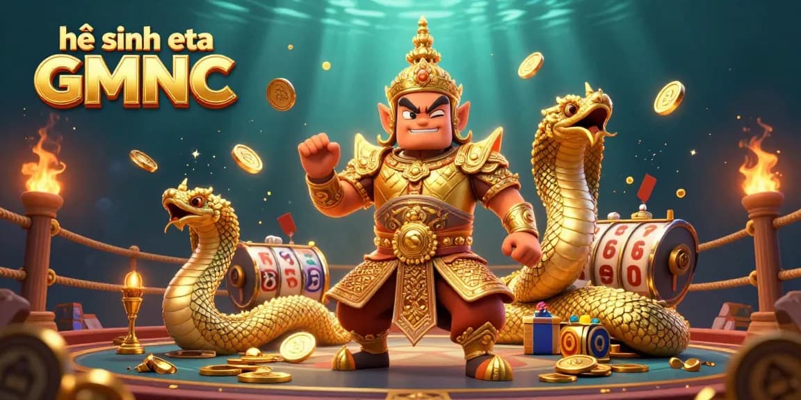 Engaging 3D scene showcasing hệ sinh thái GMNC with Thai guardian and Naga, amidst vibrant gambling elements and dynamic effects.