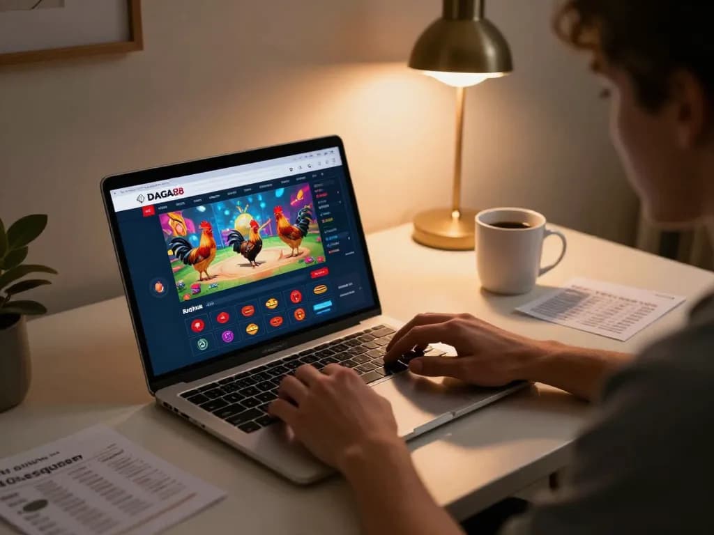 DAGA88 user engaged in live betting session from home, showcasing excitement and strategy in online gambling.