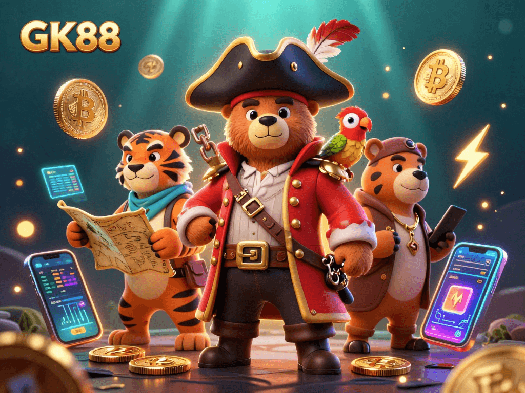 GK88 pirate bear captain leading the treasure hunt with Bitcoin and Ethereum coins amidst vibrant casino elements.
