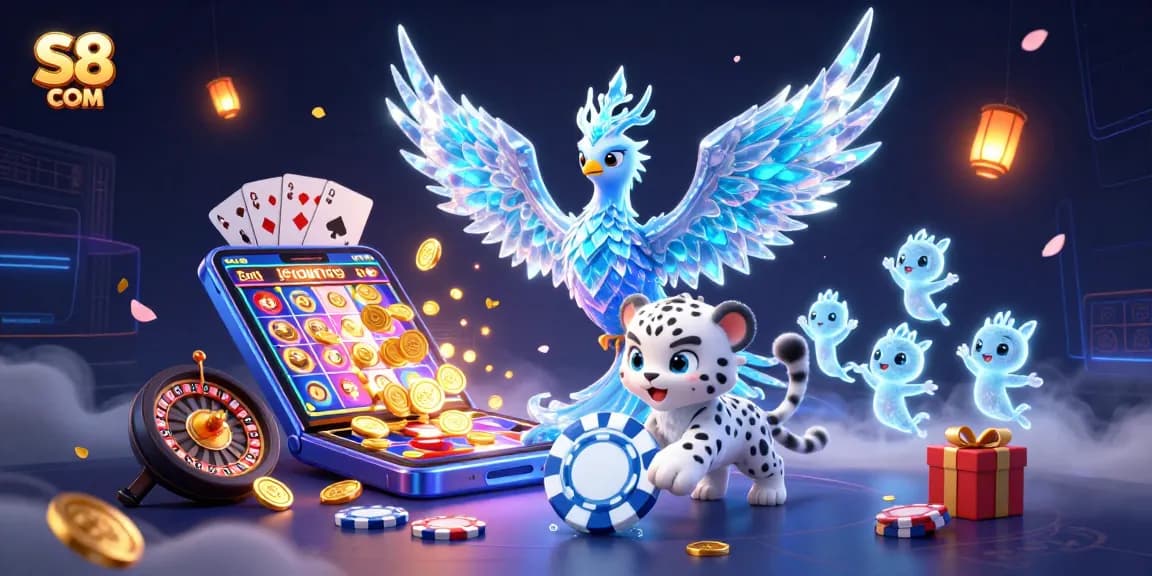 S8 COM brings a dynamic illustration featuring a snow leopard and an ice phoenix with vibrant casino elements.