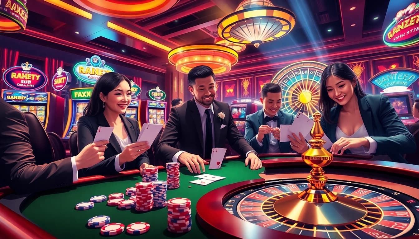 Players enjoying intense gameplay at AXX88 casino with vibrant tables and slot machines lighting up.