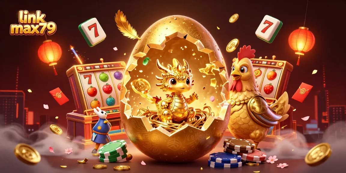 Experience the magic of link max79 with a golden dragon guarding poker chips and a vibrant casino atmosphere.