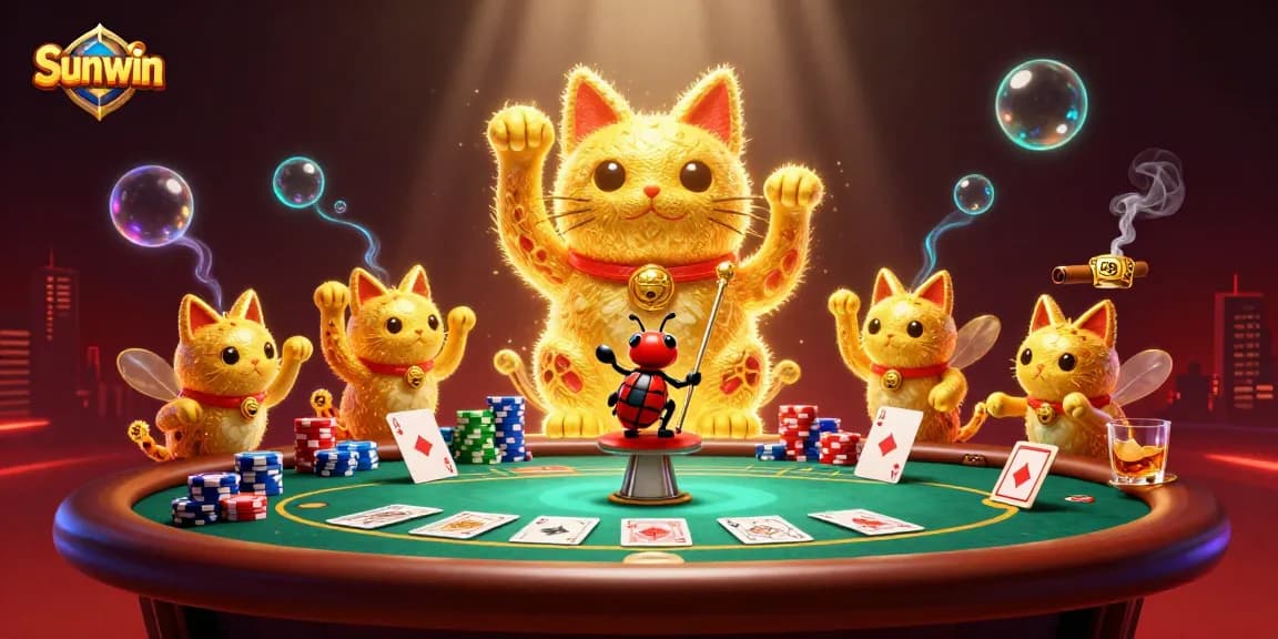 Experience the vibrant world of Sunwin with a captivating lucky cat and poker elements.