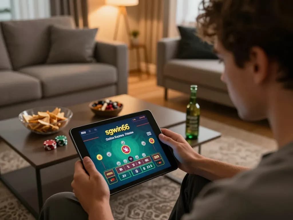 Player engaged in intense sgwin66 online casino gaming on tablet in cozy home setting