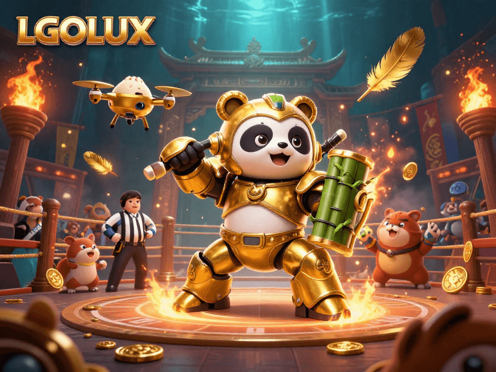 Experience thrilling wins with LGOLUX in a vibrant casino arena full of excitement and golden elements.