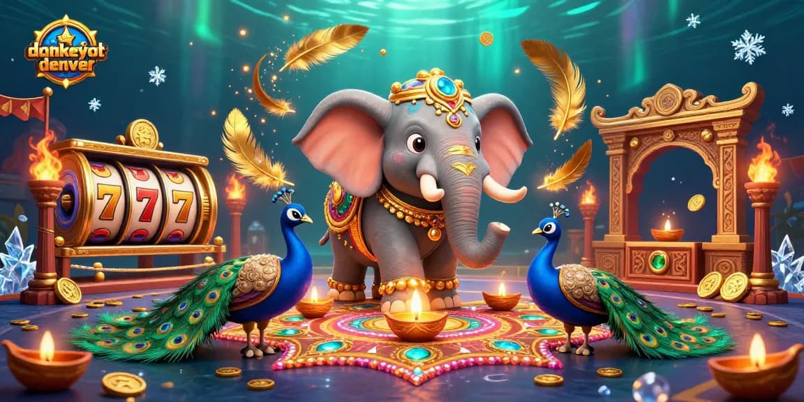 Win big at donkeyotdenver with dynamic action and vibrant casino scenes featuring elephant and peacock.