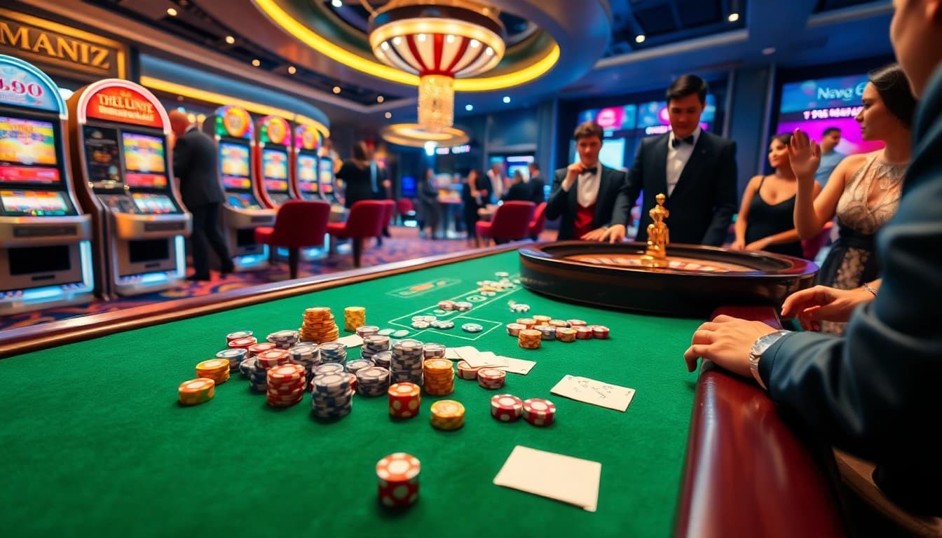 Experience thrilling gameplay at https://new88.pet/ with a vibrant casino scene featuring roulette and poker games.