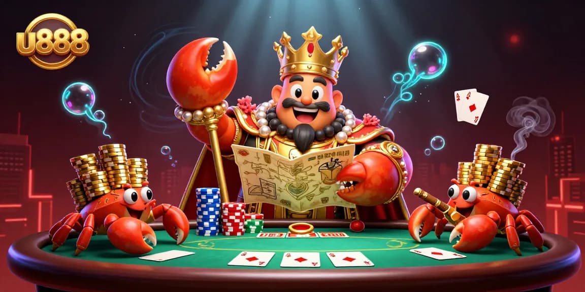 u888 poker scene featuring a golden crab emperor and hermit crabs with chips