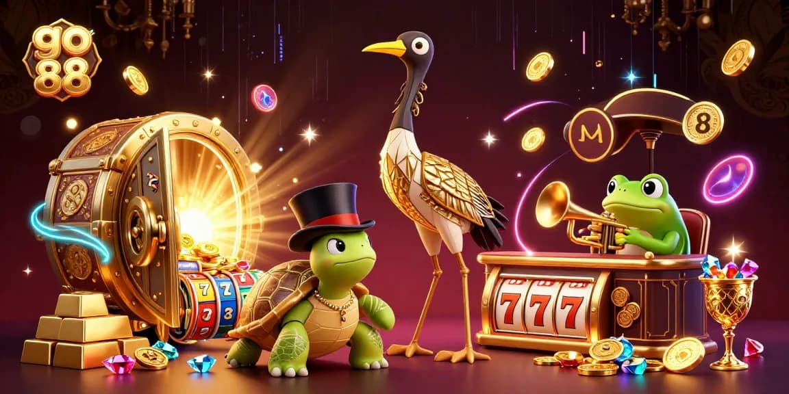 Engage with go 88 at a vibrant speakeasy filled with energetic 3D casino characters and slot game elements.
