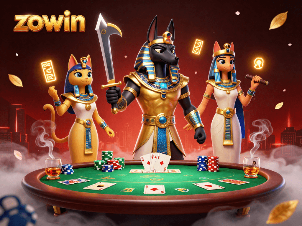 Zowin delivers an elite poker experience with Anubis and Bastet amidst vibrant casino elements.