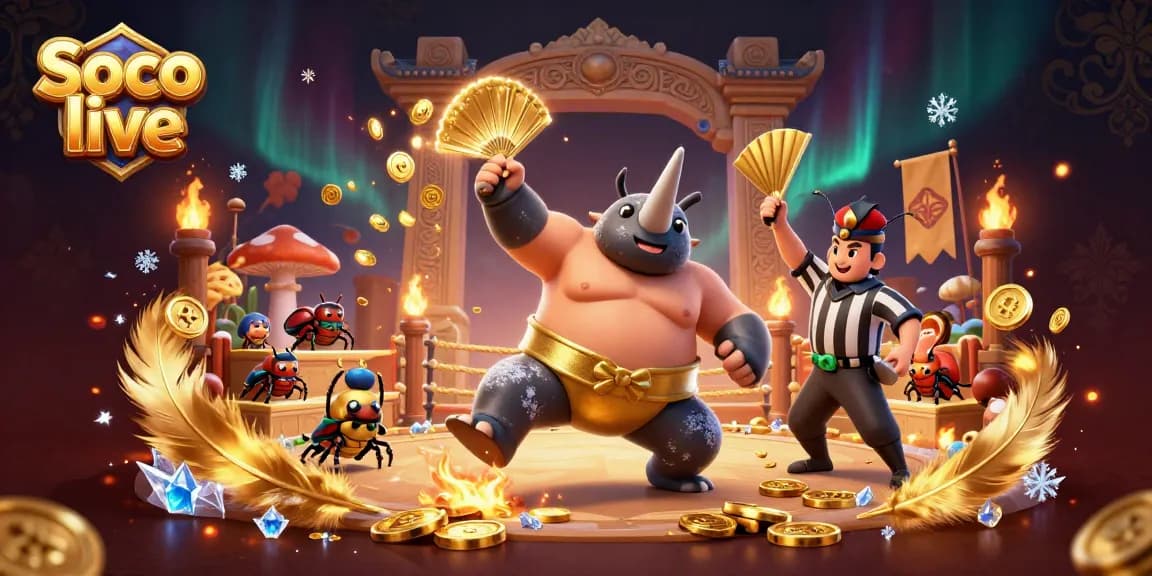 Soco live showcases a dynamic 3D illustration of a sumo beetle champion amidst a vibrant gambling scene with golden coins and betting elements.