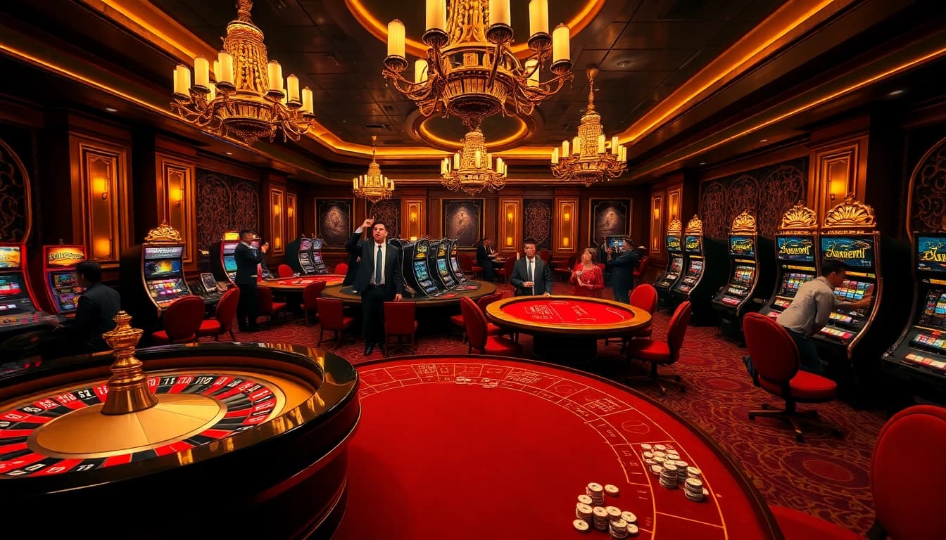 Gamblers enjoying an exciting gaming experience at mmoo's luxurious casino, featuring a vibrant atmosphere and deluxe gaming tables.