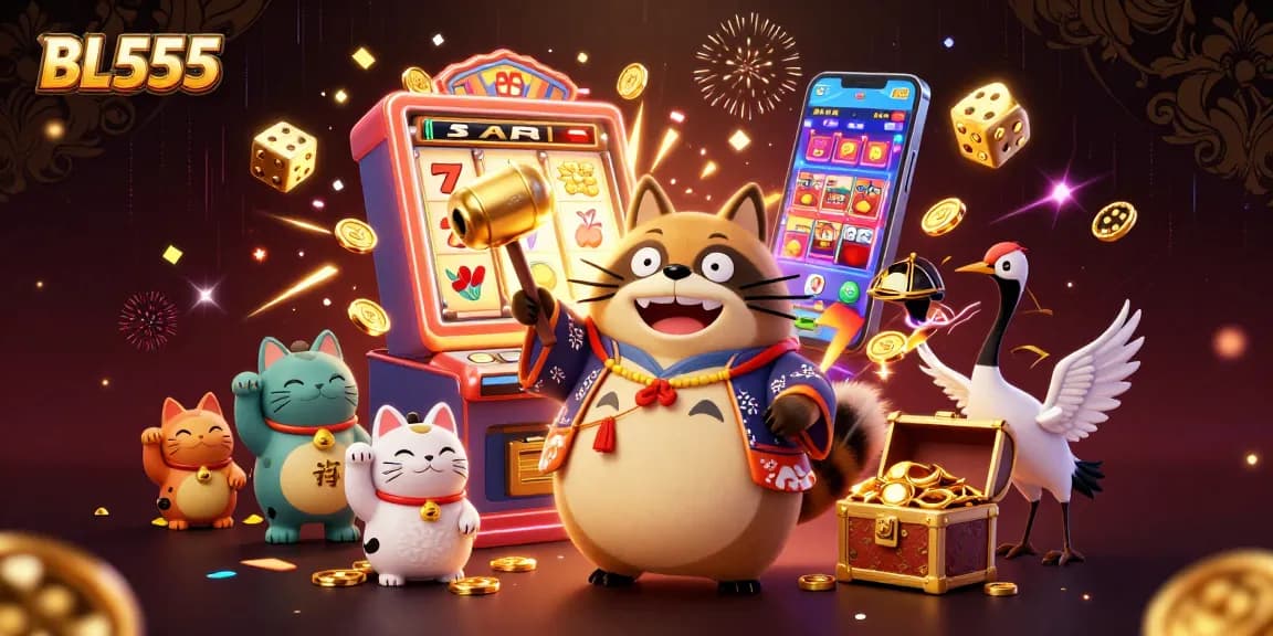 Experience explosive wins with BL555's vibrant casino scene filled with lucky symbols and festive characters.