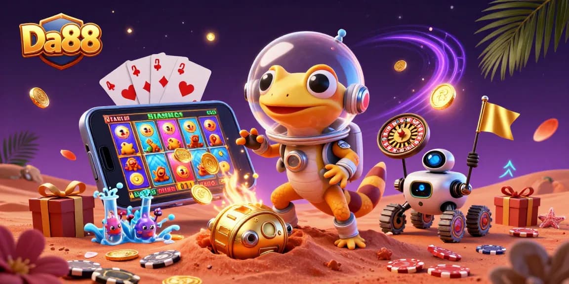 Experience the thrilling world of Da88 with a colorful casino scene featuring alien characters and games.