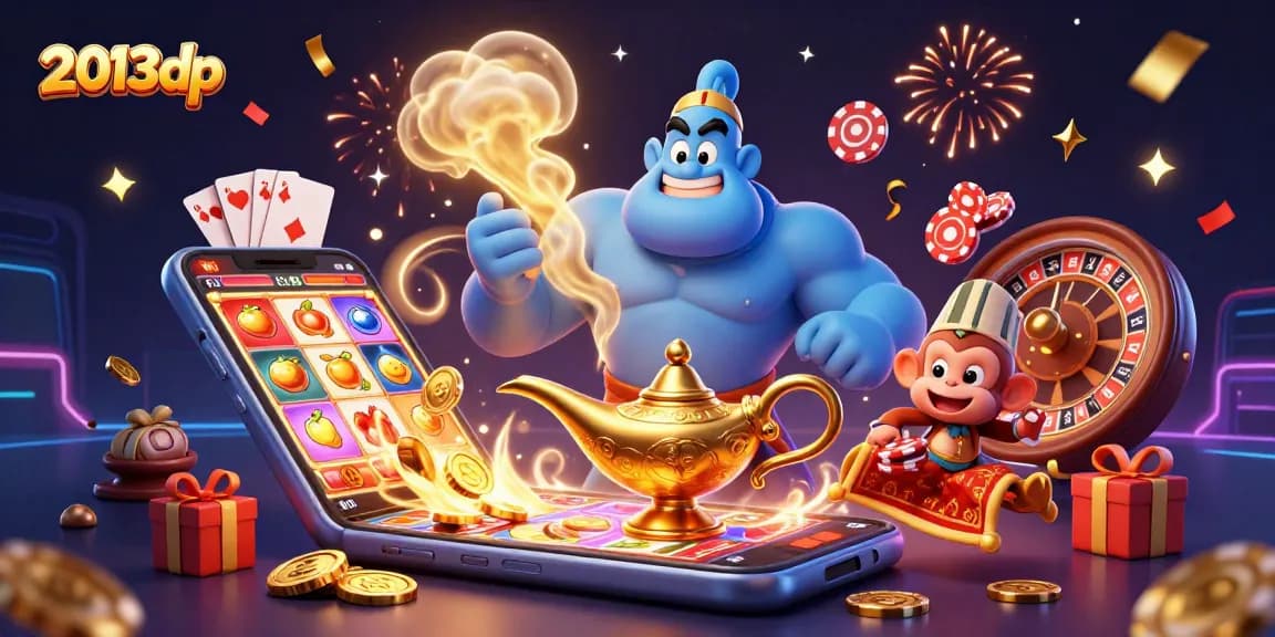 Experience the magic of 2013dp with a genie, monkey, and poker chips in this vibrant casino scene.