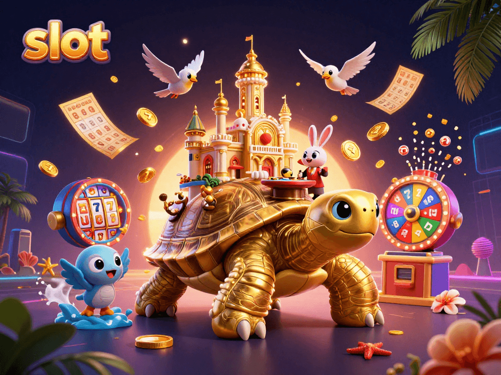 Experience thrilling slots action with a vibrant golden tortoise casino scene.