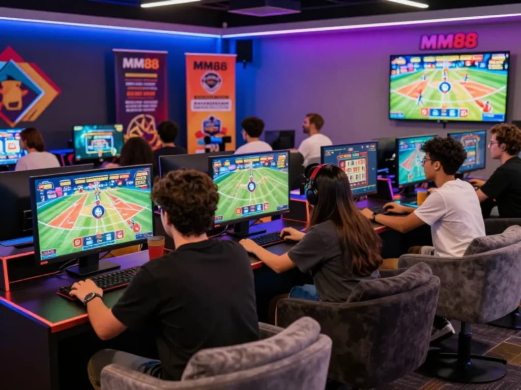 Diverse players enjoying online betting experiences at MM88's vibrant gaming stations.