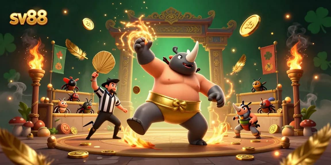 Watch the sv88 champion beetle stomp to victory, showering gold coins in an energetic casino arena.