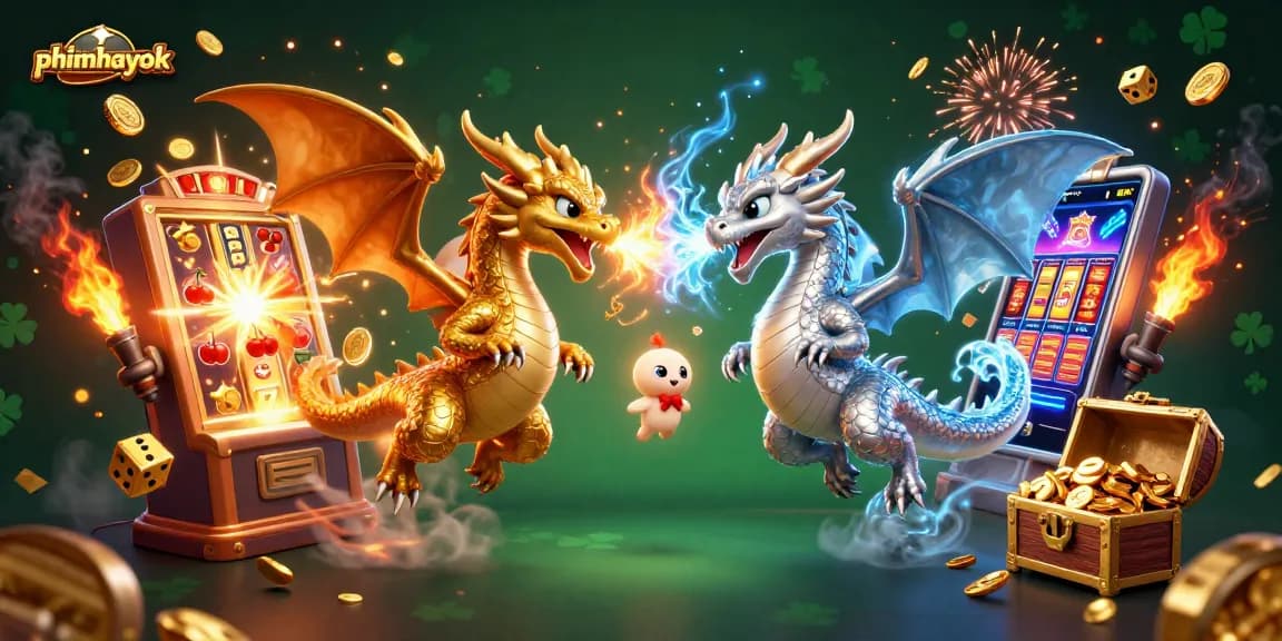 Experience exciting jackpots with phimhayok featuring vibrant 3D cartoon dragons and casino elements.
