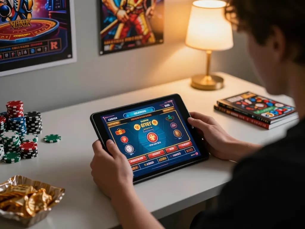 Engaging online gaming scene with bongdalu88 app displayed on tablet, person strategizing bets, inviting atmosphere.