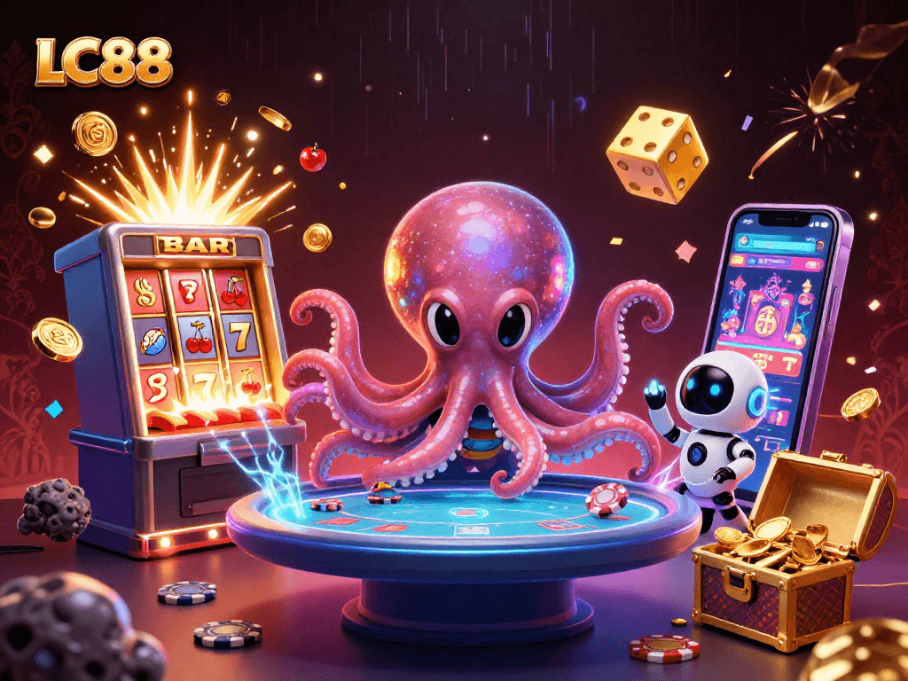 LC88 offers vivid 3D gameplay featuring an alien octopus at a poker table with dynamic game elements.