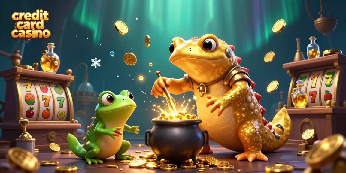 Experience the excitement of a credit card casino with a magical scene of alchemists transforming gold.