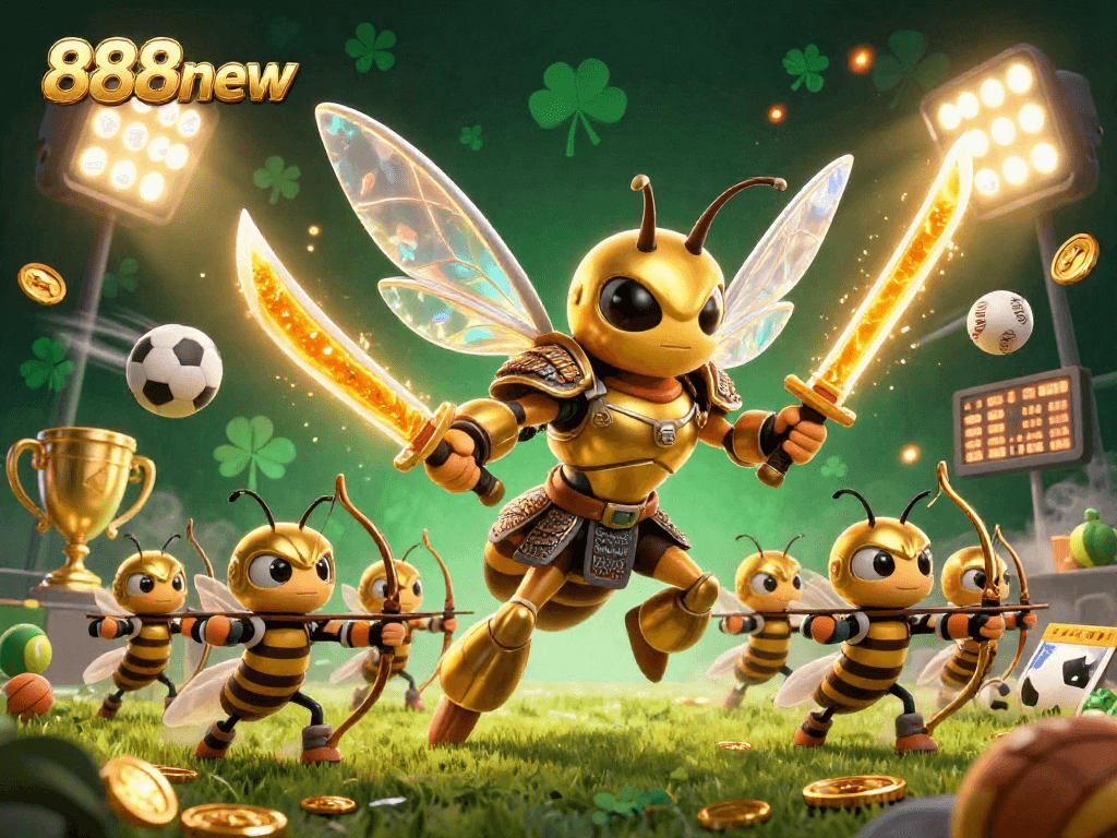 Bet on 888new with a dynamic illustration of a samurai hornet and sports elements, showcasing thrilling gaming action.