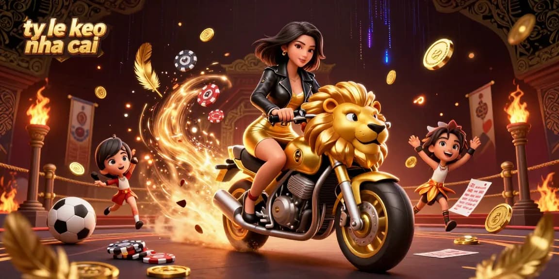 Betting with ty le keo nha cai, a glamorous woman rides a golden lion mascot in an action-packed casino atmosphere.