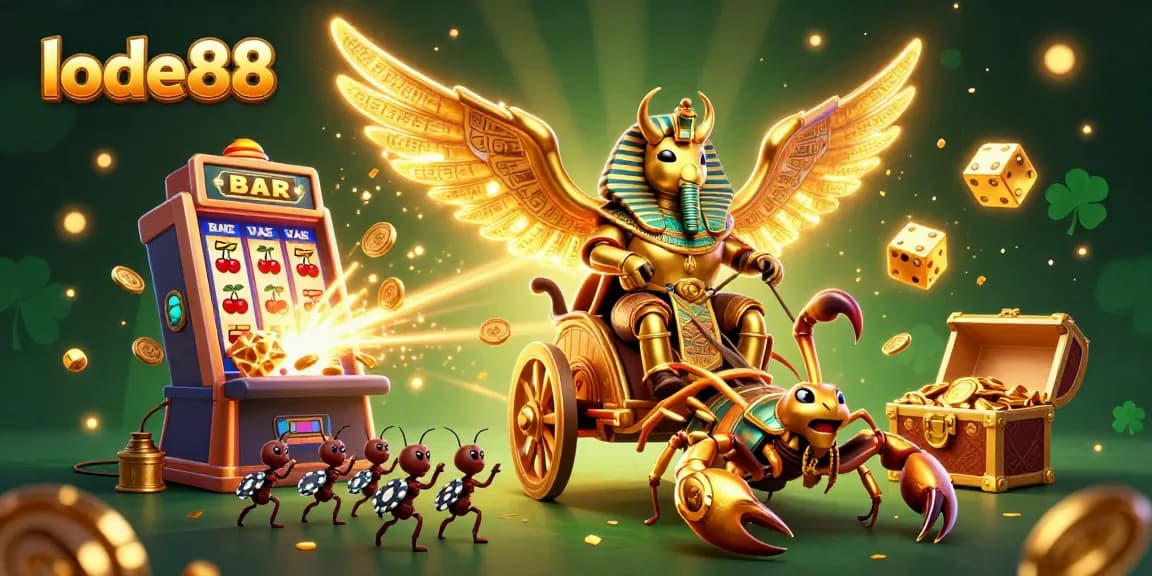 Join the excitement with lode88 at this vibrant 3D casino scene featuring jackpots and game elements.