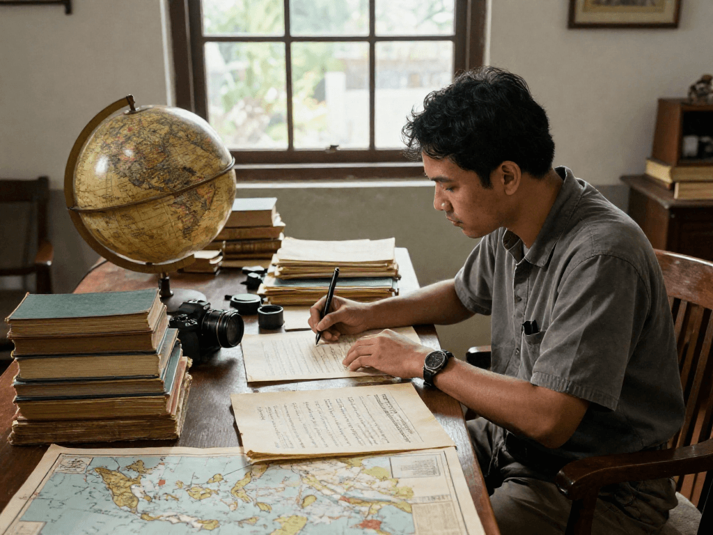 Researcher exploring historical documents at https://rokok88.nl about the Dutch-Indonesian war.