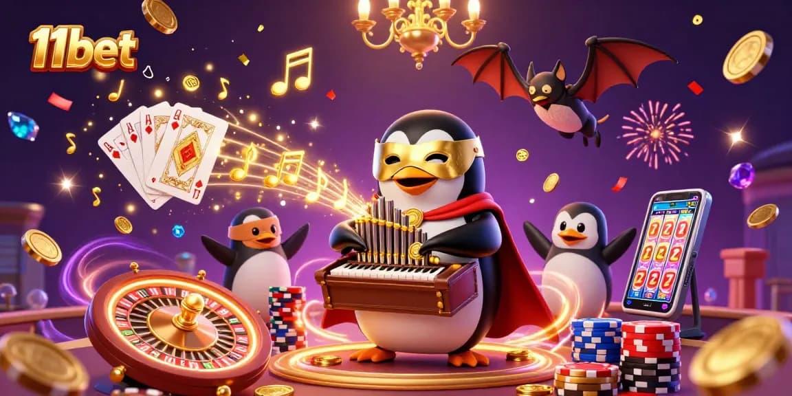 Experience 11bet's immersive casino adventure featuring a penguin, bat acrobat, and glowing treasures.