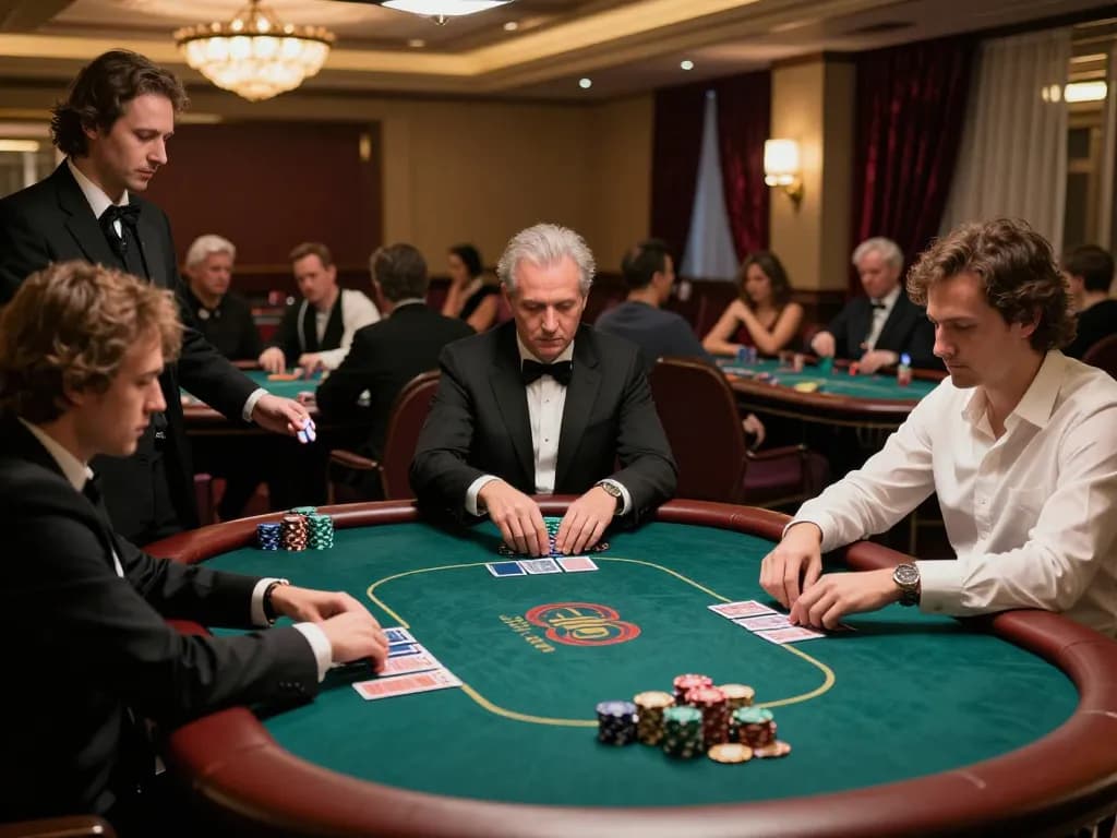 79king players engaging in an intense poker tournament, showcasing strategic gameplay and a luxurious casino atmosphere
